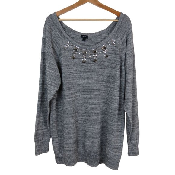 TORRID Women's Gray Marled Embellished Scoop Neck Pullover Sweater 2 Rhinestone - Picture 3 of 10